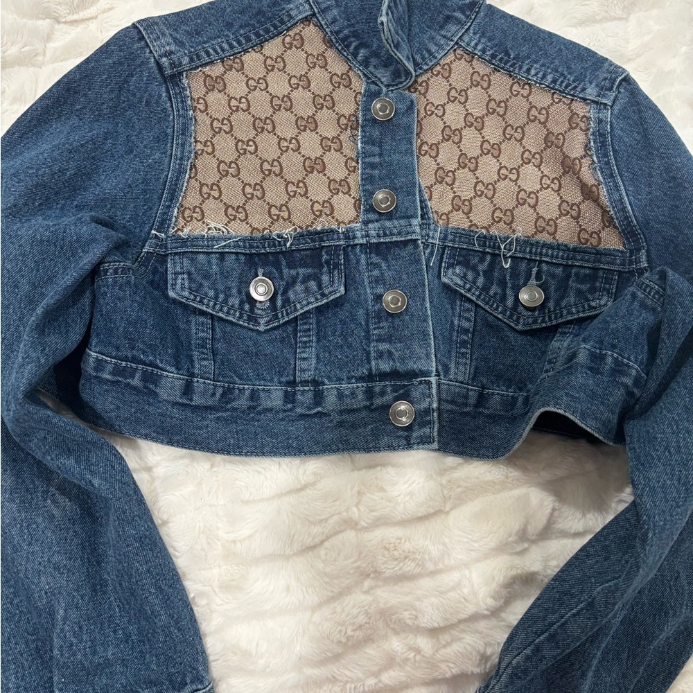 Gucci Blue and Brown Cropped Jean Jacket with Designer Flair
